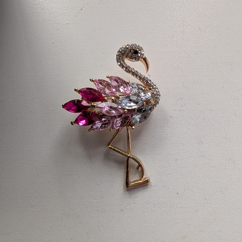 Gold-Tone Flamingo Brooch with Pink and Clear Crystals